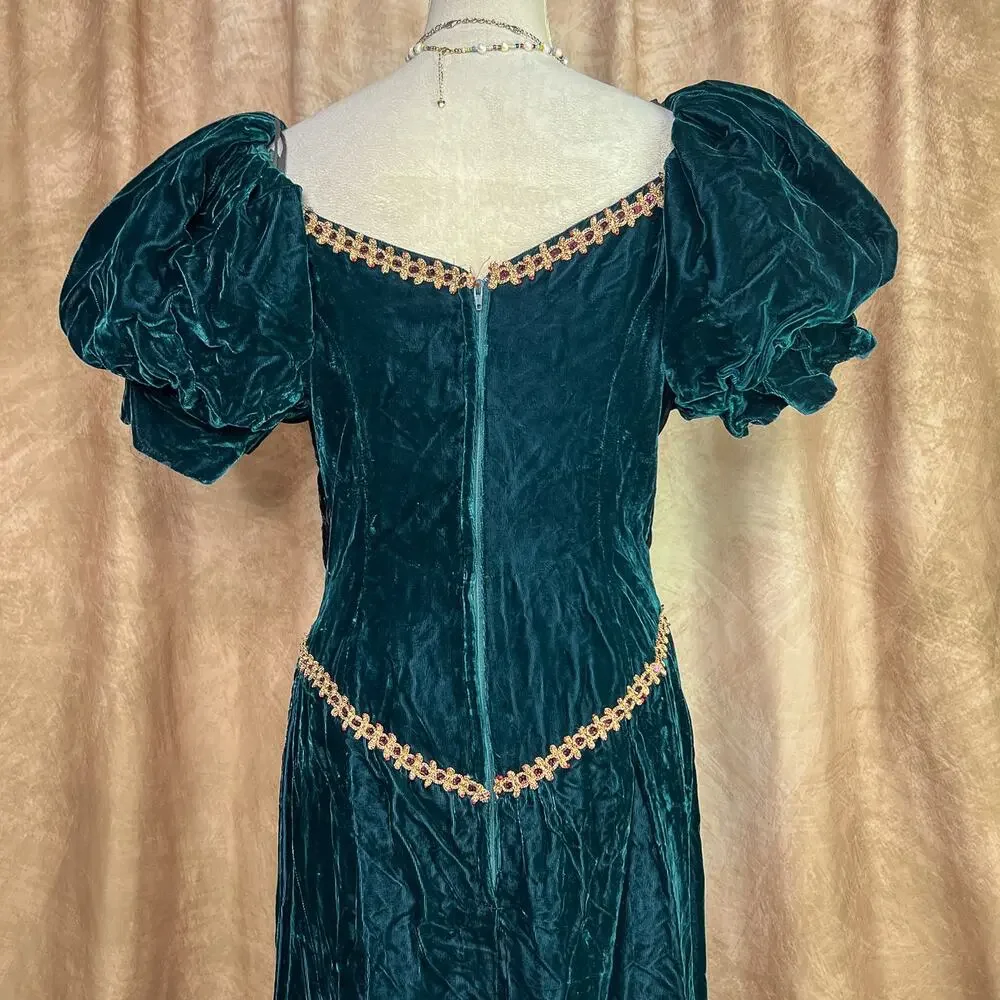 Vintage Renaissance Dress 70s Velour Medieval Gown Green Puff Sleeve Princess - Picture 6 of 9